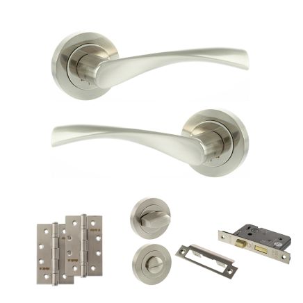 Eco Aqua Door Handle Pack (Bathroom Set - 2.5" CE Bathroom Lock, 4" Slim Knuckle Hinges x2) - Satin Nickel/Nickel Plate