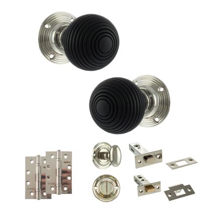 Old English Whitby Door Knob Pack (Bathroom Set - 3" Deadbolt, 4" Slim Knuckle Hinges x2) - Polished Nickel