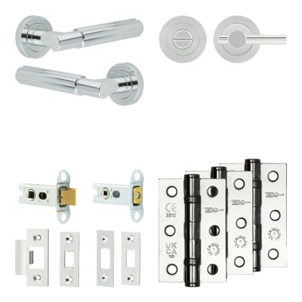 Complete Bloom Door Handle Pack - Heavy Duty Tubular Bathroom (Plain Thumb Turn) - Polished Chrome - 64mm / 3-inch Hinges - JE-B30B2-PC