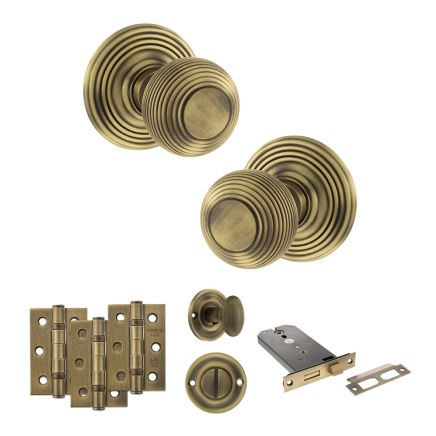 Old English Ripon Door Knob Pack (Lock Set - Horizontal Bathlock, 3" Fire Rated Hinges x3) - Matt Antique Brass