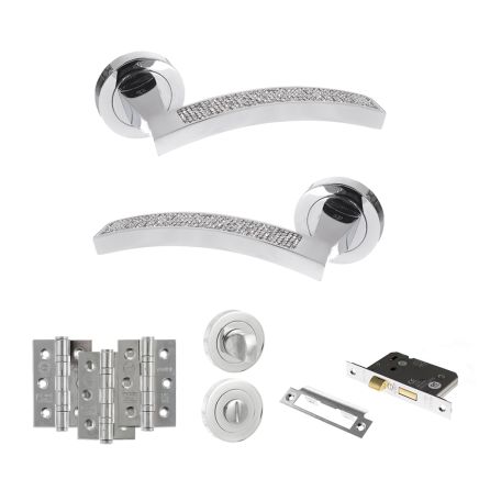 Senza Pari Crystal Door Handle Pack (Bathroom Set - 3" CE Bathroom Lock, 3" Fire Rated Hinges x3) - Polished Chrome