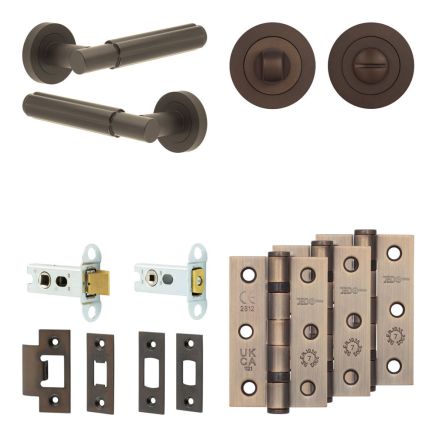 Complete Bloom Door Handle Pack - Heavy Duty Tubular Bathroom (Standard Thumb Turn) - Dark Bronze - 64mm / 3-inch Hinges - JE-B30B3-DB