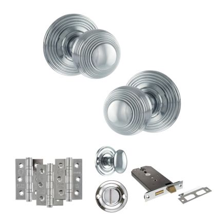 Old English Ripon Door Knob Pack (Lock Set - Horizontal Bathlock, 3" Fire Rated Hinges x3) - Polished Chrome