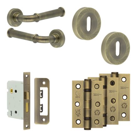 Complete Classic Door Handle Pack - Sashlock - Antique Brass - 76mm / 3-inch Hinges - JE-A8B8-AB