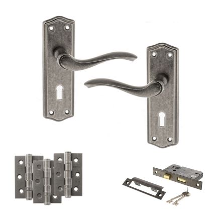 Old English Warwick Door Handle Pack (3 Lever Lock Set - 2.5" CE Sashlock, 3" Fire Rated Hinges x3) - Distressed Silver