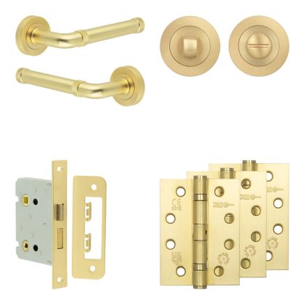 Complete Midtown Door Handle Pack - Bathroom Lock (Standard Thumb Turn) - Satin Brass - 76mm / 4-inch Hinges - JE-G6A3-SB