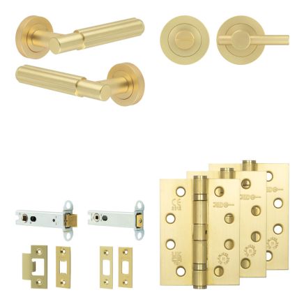 Complete Bloom Door Handle Pack - Heavy Duty Tubular Bathroom (Plain Thumb Turn) - Satin Brass - 102mm / 4-inch Hinges - JE-B32A2-SB