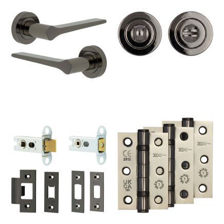 Complete Gio Door Handle Pack - Heavy Duty Tubular Bathroom (Standard Thumb Turn) - Black Nickel - 64mm / 3-inch Hinges - JE-E30B3-BN