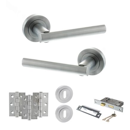 STATUS Nebraska Door Handle Pack (3 Lever Lock Set - 2.5" CE Sashlock, 3" Fire Rated Hinges x3) - Satin Chrome