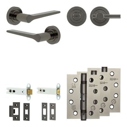 Complete Gio Door Handle Pack - Heavy Duty Tubular Bathroom (Plain Thumb Turn) - Black Nickel - 102mm / 4-inch Hinges - JE-E32A2-BN