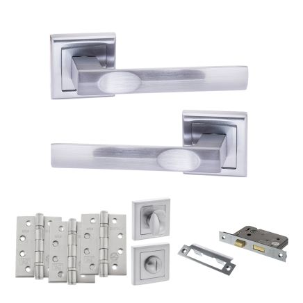 STATUS Kansas Door Handle Pack (Bathroom Set - 3" CE Bathroom Lock, 4" Fire Rated Hinges x3) - Satin Chrome