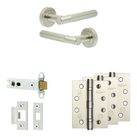 Complete Venice Door Handle Pack - Heavy Duty Latch - Satin Nickel - 102mm / 4-inch Hinges - JE-F22A-SN