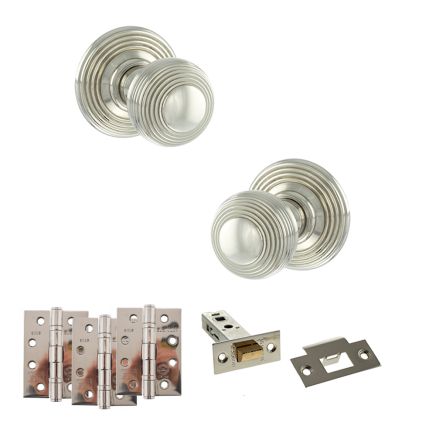 Old English Ripon Door Knob Pack (Latch Set - 3" HD Latch, 4" Fire Rated Hinges x3) - Polished Nickel
