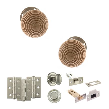 Old English Bridlington Door Knob Pack (Bathroom Set - 3" Deadbolt, 3" Fire Rated Hinges x3) - Satin Nickel