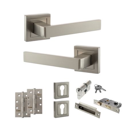 STATUS Montana Door Handle Pack (Euro Lock Set - 3" CE Sashlock, 4" Slim Knuckle Hinges x2) - Satin Nickel