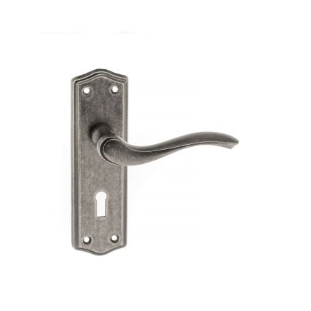 Old English Warwick Key Lever Door Handle on Backplate - Distressed Silver