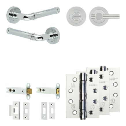 Complete Midtown Door Handle Pack - Heavy Duty Tubular Bathroom (Knurled Thumb Turn) - Polished Chrome - 102mm / 4-inch Hinges - JE-G32A1-PC