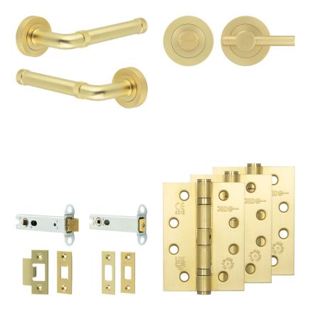 Complete Midtown Door Handle Pack - Heavy Duty Tubular Bathroom (Plain Thumb Turn) - Satin Brass - 102mm / 4-inch Hinges - JE-G32A2-SB