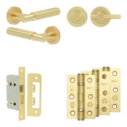 Complete Bloom Door Handle Pack - Bathroom Lock (Plain Thumb Turn) - Satin Brass - 65mm / 3-inch Hinges - JE-B5B2-SB