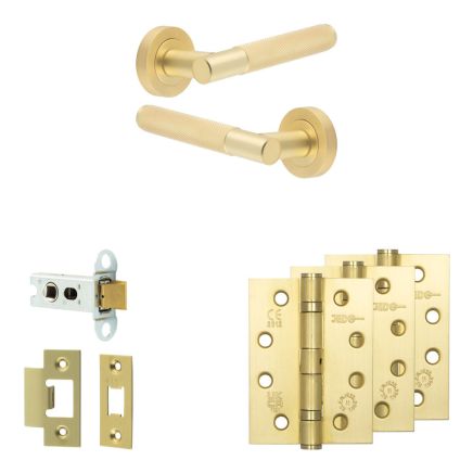 Complete Bari Door Handle Pack - Heavy Duty Latch - Satin Brass - 64mm / 4-inch Hinges - JE-D20A-SB