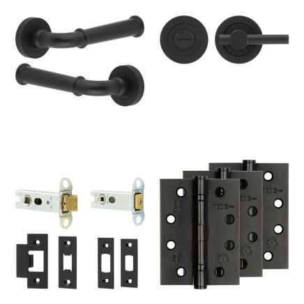 Complete Classic Door Handle Pack - Heavy Duty Tubular Bathroom (Plain Thumb Turn) - Matt Black - 76mm / 4-inch Hinges - JE-A31A2-MB