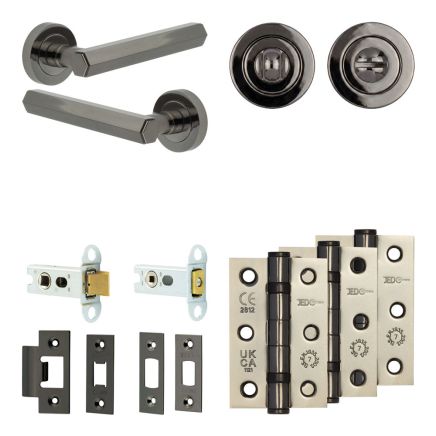 Complete Hex Door Handle Pack - Heavy Duty Tubular Bathroom (Standard Thumb Turn) - Black Nickel - 64mm / 3-inch Hinges - JE-C30B3-BN