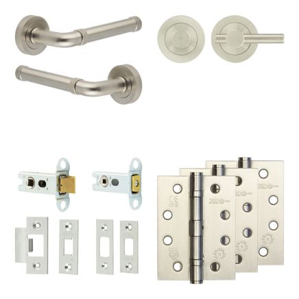 Complete Midtown Door Handle Pack - Heavy Duty Tubular Bathroom (Knurled Thumb Turn) - Satin Nickel - 64mm / 4-inch Hinges - JE-G30A1-SN