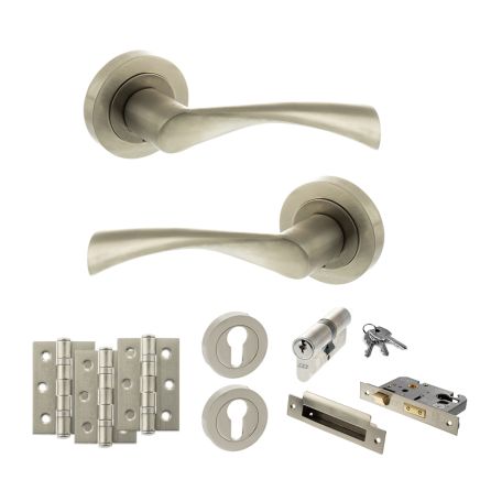 STATUS Colorado Door Handle Pack (Euro Lock Set - 3" CE Sashlock, 3" Fire Rated Hinges x3) - Satin Nickel