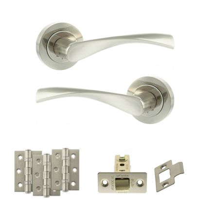 Eco Aqua Door Handle Pack (Latch Set - 3" CE Latch, 3" Fire Rated Hinges x3) - Satin Nickel/Nickel Plate