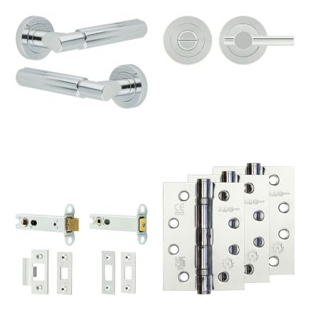 Complete Bloom Door Handle Pack - Heavy Duty Tubular Bathroom (Plain Thumb Turn) - Polished Chrome - 102mm / 4-inch Hinges - JE-B32A2-PC