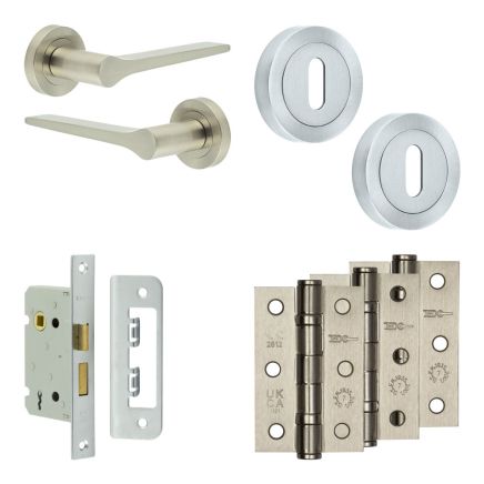 Complete Gio Door Handle Pack - Sashlock - Satin Nickel - 65mm / 3-inch Hinges - JE-E7B8-SN