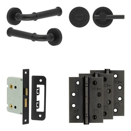 Complete Classic Door Handle Pack - Bathroom Lock (Plain Thumb Turn) - Matt Black - 76mm / 4-inch Hinges - JE-A6A2-MB