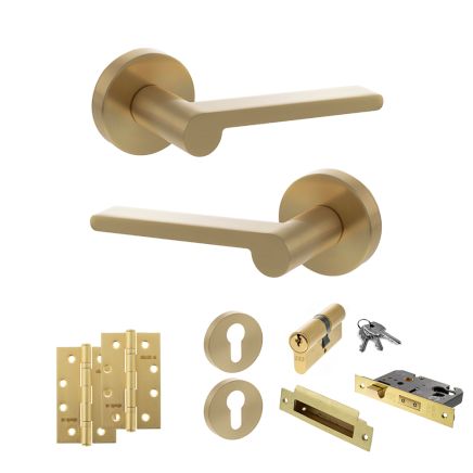 Senza Pari Darrio Door Handle Pack (Euro Lock Set - 3" CE Sashlock, 4" Slim Knuckle Hinges x2) - Satin Brass