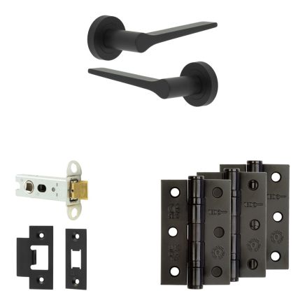Complete Gio Door Handle Pack - Heavy Duty Latch - Matt Black - 76mm / 3-inch Hinges - JE-E21B-MB