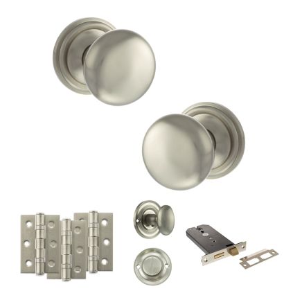 Old English Harrogate Door Knob Pack (Lock Set - Horizontal Bathlock, 3" Fire Rated Hinges x3) - Satin Nickel