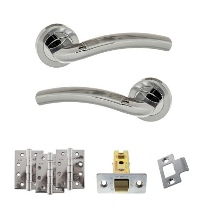 Eco Crest Door Handle Pack (Latch Set - 2.5" CE Latch, 4" Fire Rated Hinges x3) - Satin Chrome/Polished Chrome