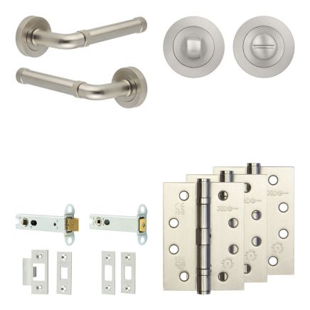 Complete Midtown Door Handle Pack - Heavy Duty Tubular Bathroom (Standard Thumb Turn) - Satin Nickel - 102mm / 4-inch Hinges - JE-G32A3-SN