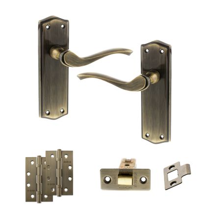Old English Warwick Door Handle Pack (Latch Set - 2.5" CE Latch, 4" Slim Knuckle Hinges x2) - Antique Brass