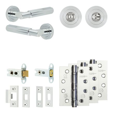 Complete Bloom Door Handle Pack - Heavy Duty Tubular Bathroom (Standard Thumb Turn) - Polished Chrome - 64mm / 4-inch Hinges - JE-B30A3-PC