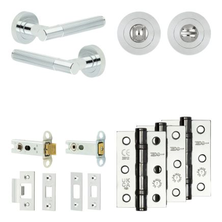 Complete Venice Door Handle Pack - Heavy Duty Tubular Bathroom (Standard Thumb Turn) - Polished Chrome - 76mm / 3-inch Hinges - JE-F31B3-PC