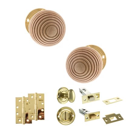 Old English Bridlington Door Knob Pack (Bathroom Set - 3" Deadbolt, 4" Slim Knuckle Hinges x2) - Polished Brass