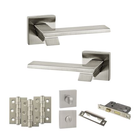 Senza Pari Giovanni Door Handle Pack (Bathroom Set - 3" CE Bathroom Lock, 3" Fire Rated Hinges x3) - Satin Nickel