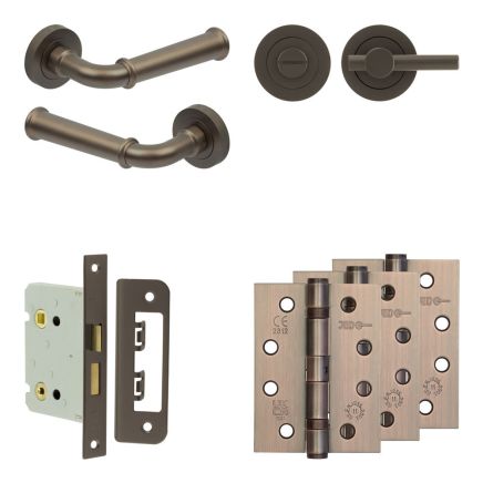 Complete Classic Door Handle Pack - Bathroom Lock (Plain Thumb Turn) - Dark Bronze - 76mm / 4-inch Hinges - JE-A6A2-DB