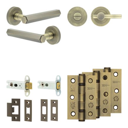 Complete Hex Door Handle Pack - Heavy Duty Tubular Bathroom (Plain Thumb Turn) - Antique Brass - 76mm / 3-inch Hinges - JE-C31B2-AB