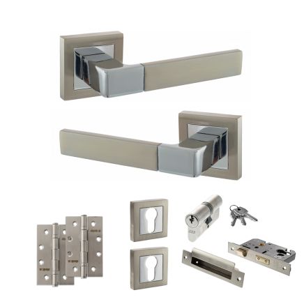 STATUS Montana Door Handle Pack (Euro Lock Set - 2.5" CE Sashlock, 4" Slim Knuckle Hinges x2) - Satin Nickel/Polished Chrome