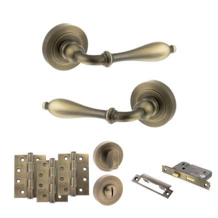 Old English Wrexham Door Handle Pack (Bathroom Set - 2.5" CE Bathroom Lock, 4" Fire Rated Hinges x3) - Matt Antique Brass