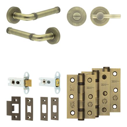 Complete Midtown Door Handle Pack - Heavy Duty Tubular Bathroom (Plain Thumb Turn) - Antique Brass - 64mm / 3-inch Hinges - JE-G30B2-AB