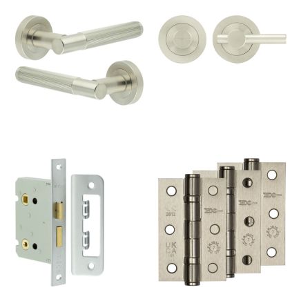 Complete Venice Door Handle Pack - Bathroom Lock (Plain Thumb Turn) - Satin Nickel - 76mm / 3-inch Hinges - JE-F6B2-SN