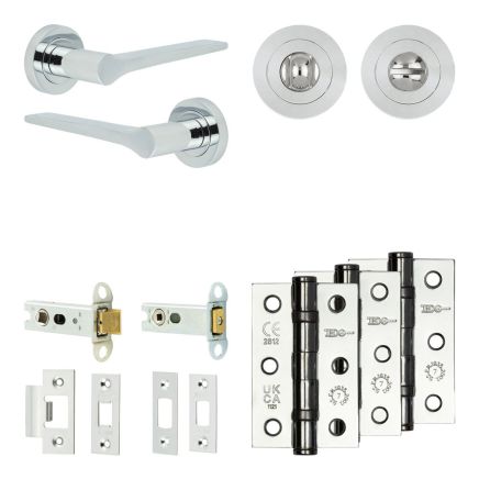 Complete Gio Door Handle Pack - Heavy Duty Tubular Bathroom (Standard Thumb Turn) - Polished Chrome - 76mm / 3-inch Hinges - JE-E31B3-PC