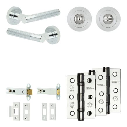 Complete Venice Door Handle Pack - Heavy Duty Tubular Bathroom (Standard Thumb Turn) - Polished Chrome - 102mm / 3-inch Hinges - JE-F32B3-PC